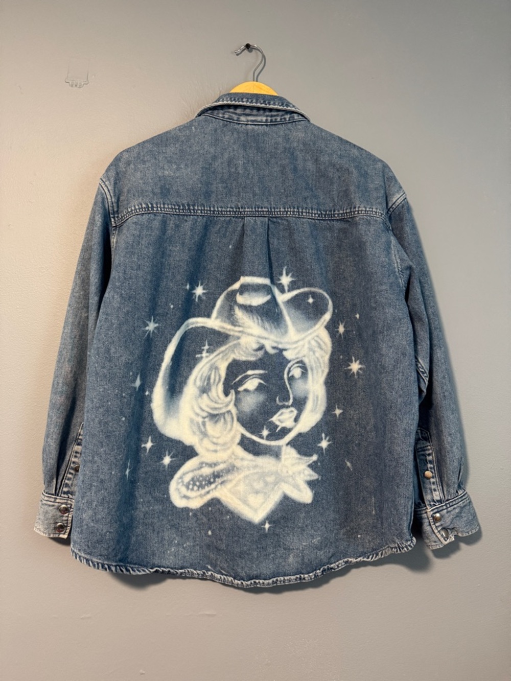 Blue Denim Shirt Jacket with Hand painted White Airbrushed Cowgirl Graphic